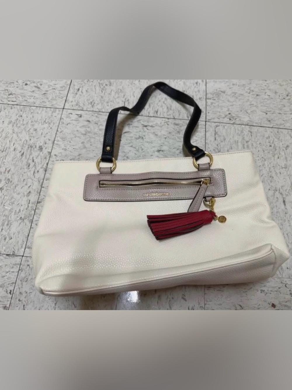 Liz Claiborne Cream and Black Tote with Red Tassel